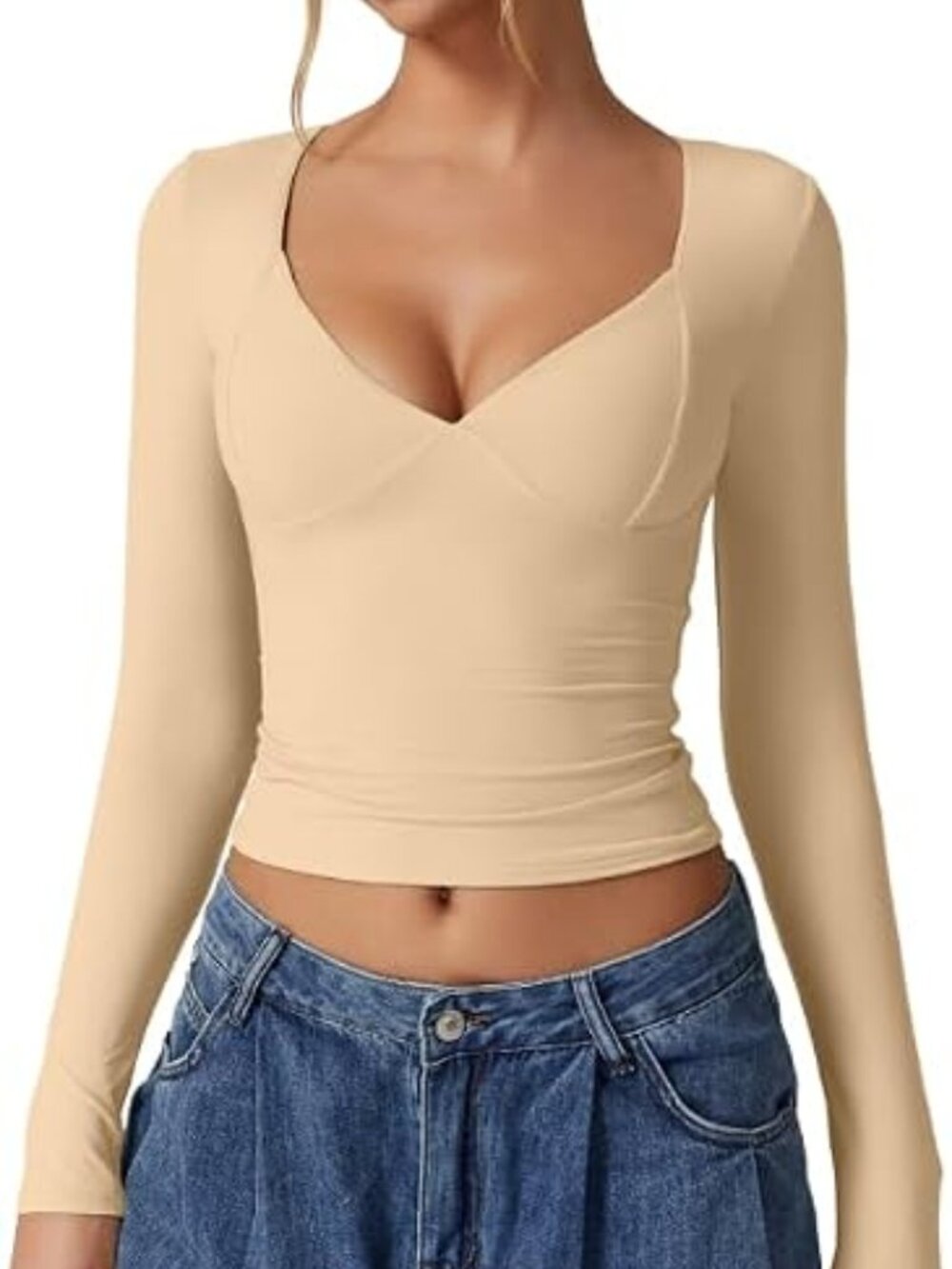 Women's Marzipan V Neck Crop Top Long Sleeve Double Lined Seamed Cup Tee XS
